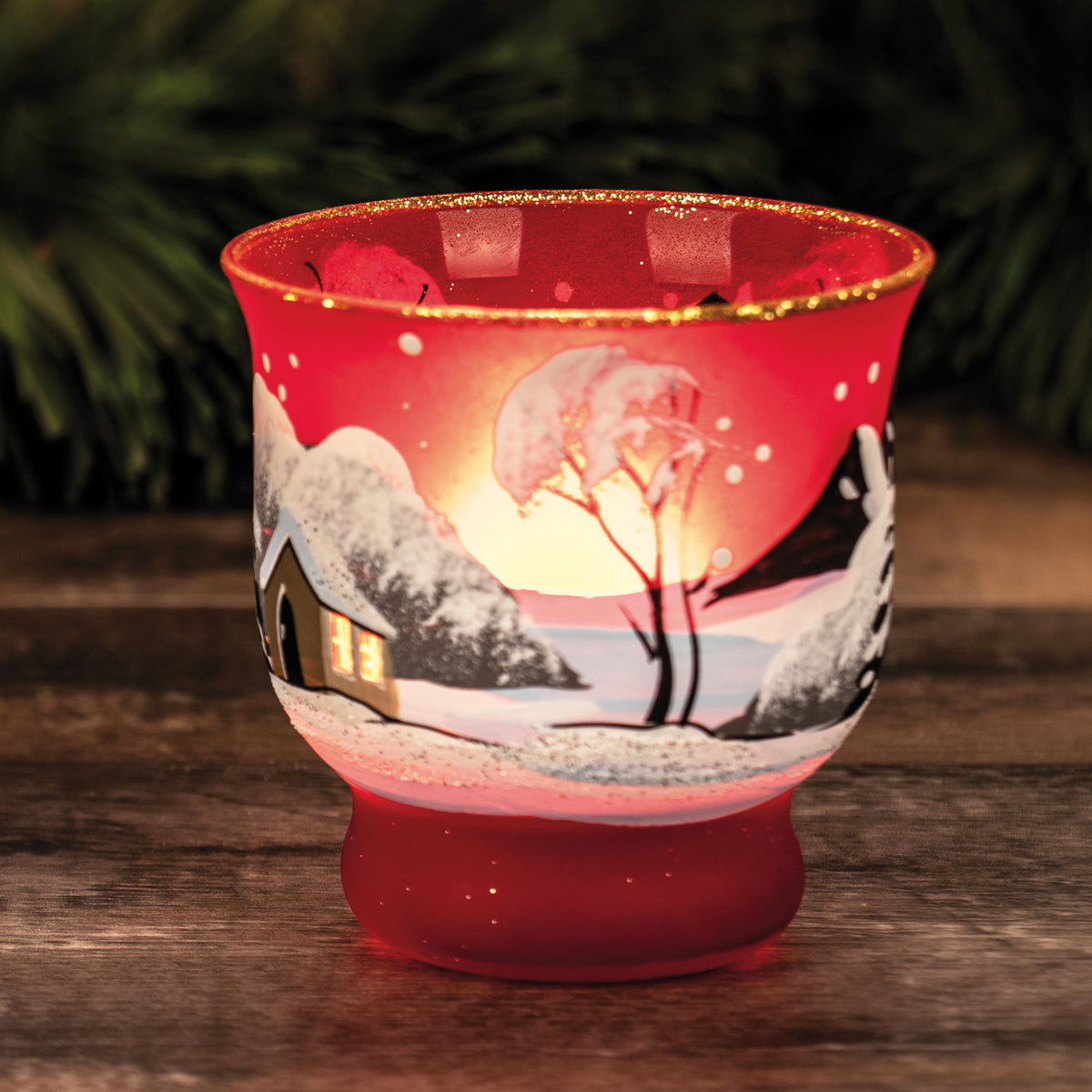 Tea light holder | WINTER LANDSCAPE | red glass | for 1 tea light