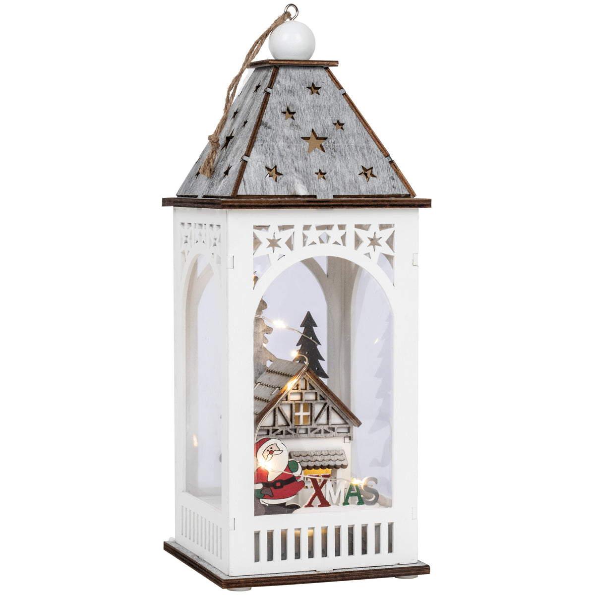 LED lantern | wood white/grey | mini fairy lights | 8 warm white LEDs | H 290 × Ø 110 mm