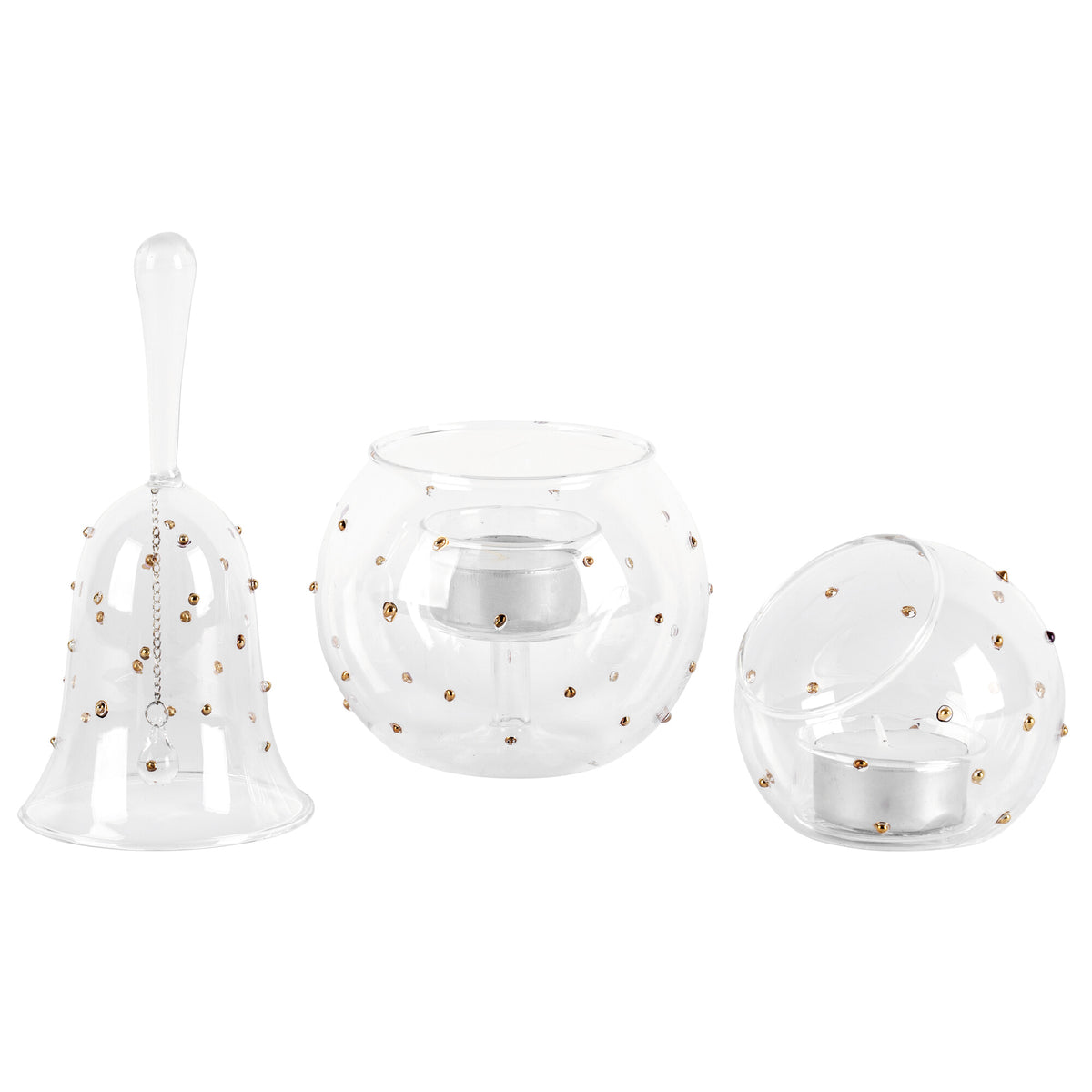 Teelichthalter-Set | Glas transparent | 2 Halter & Glocke | goldene Dekopunkte