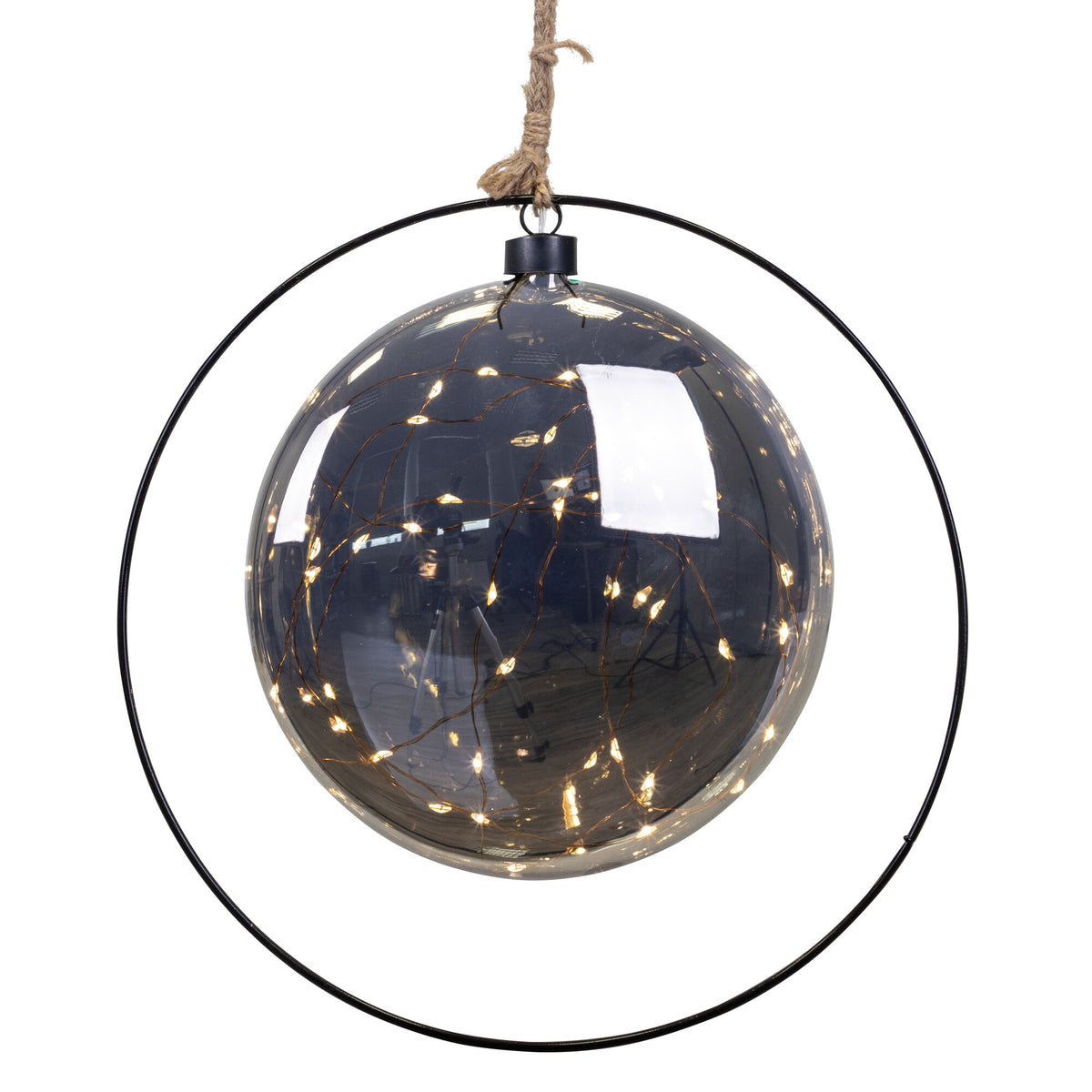 Glaskugel | 40 warmweiße LEDs | Metallring & Schiffstau