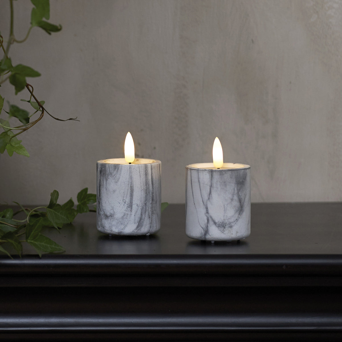 Echtwachskerze | FLAMME MARBLE | 2er-Set | Marmorimitat | H 90 × Ø 55 mm