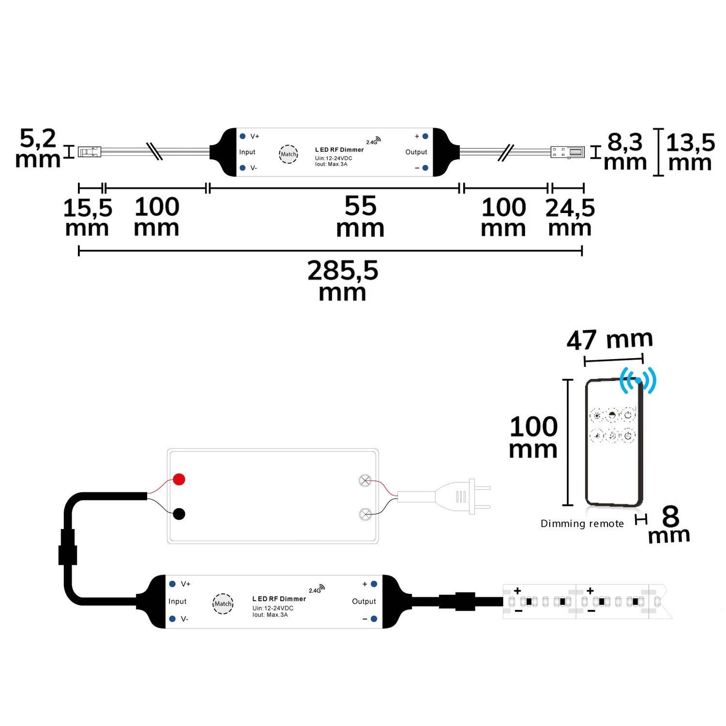 LED Funk PWM-Dimmer MiniAMP inkl. Fernbedienung, 12-24V DC, 3A