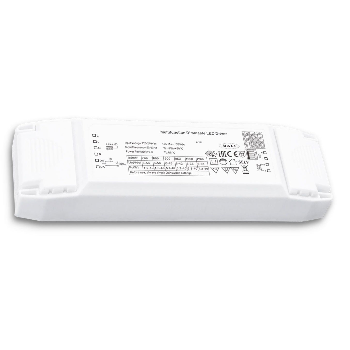 Konstantstrom Trafo 700/800/900/950/1050/1200mA, 40W, Push/1-10V/DALI dimmbar, SELV