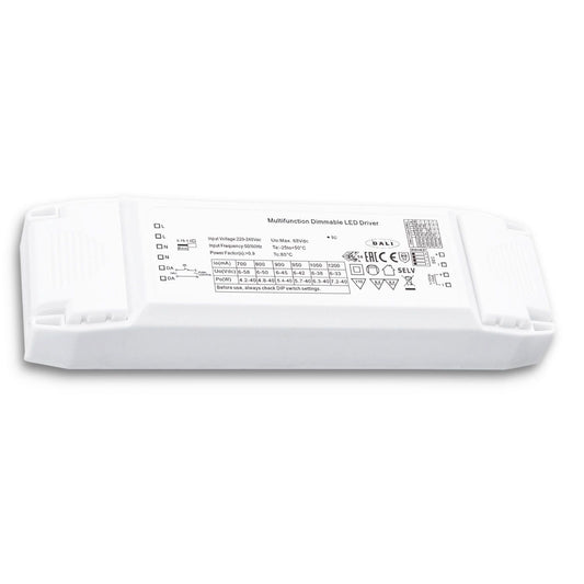 Konstantstrom Trafo 700/800/900/950/1050/1200mA, 40W, Push/1-10V/DALI dimmbar, SELV