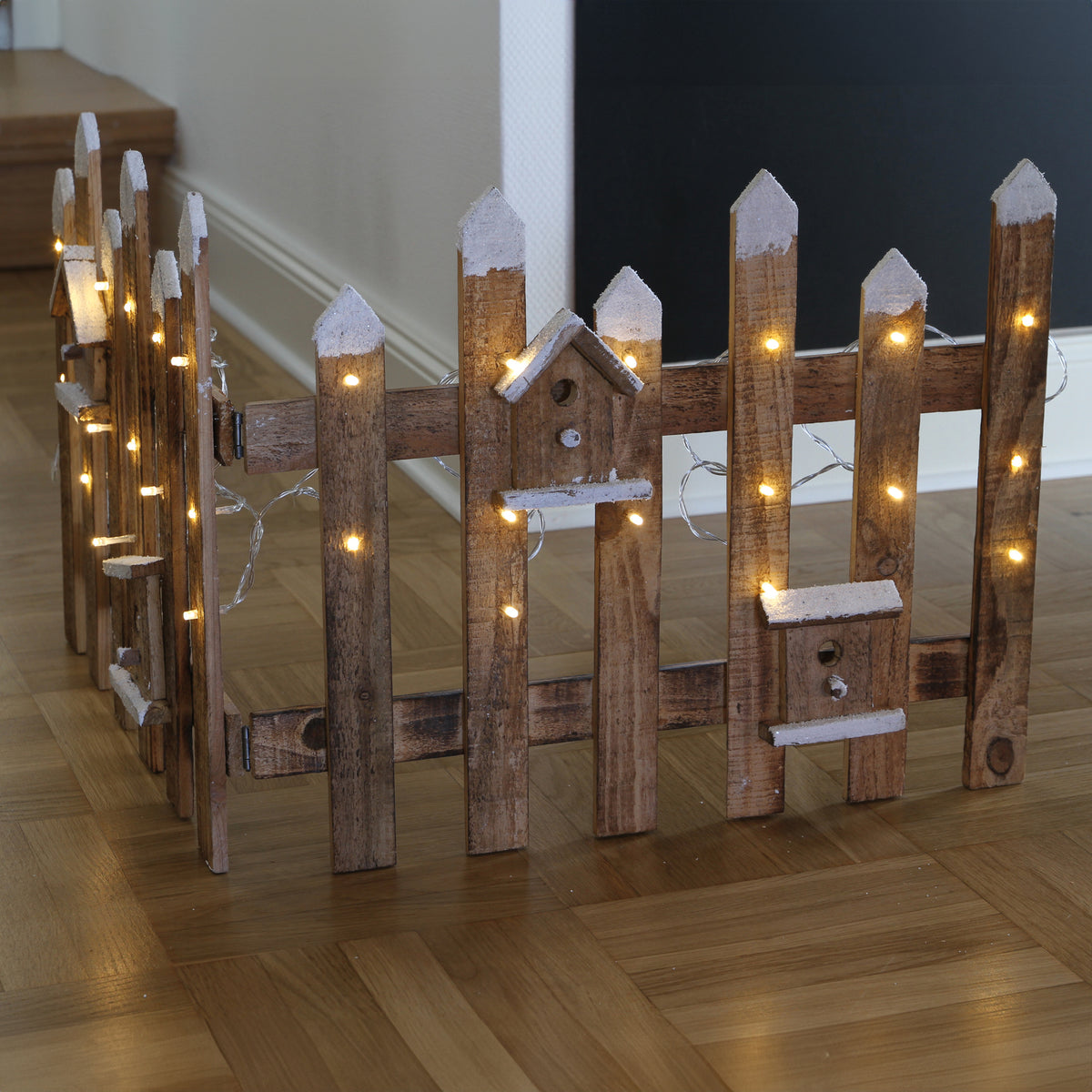 LED-Dekozaun | Holz natur | Vogelhäuschen & Glitzer | 30 warmweiße LEDs | B max. 100 cm