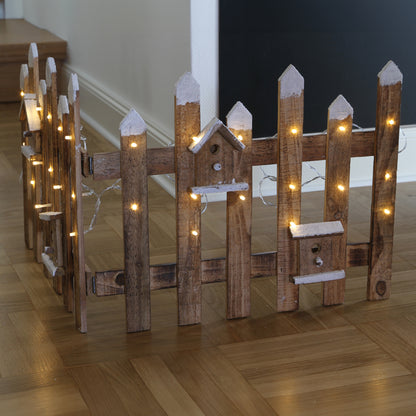 LED-Dekozaun | Holz natur | Vogelhäuschen & Glitzer | 30 warmweiße LEDs | B max. 100 cm