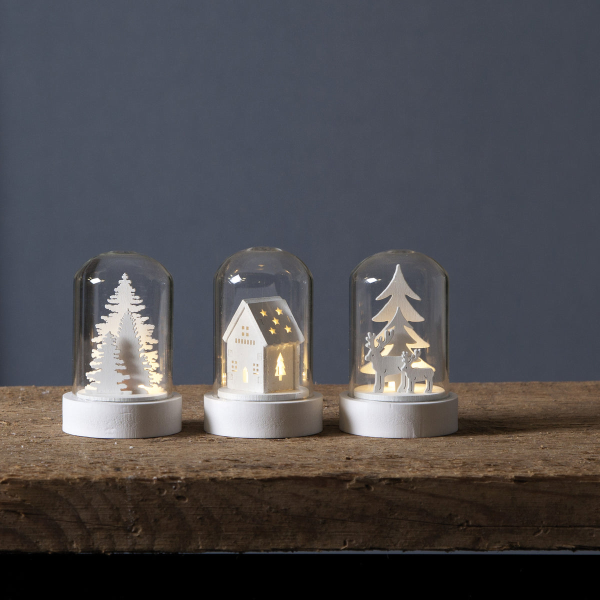 Glaskuppel | KUPOL | 3er-Set | Holz & Glas | warmweiße LED | H 85 × Ø 55 mm