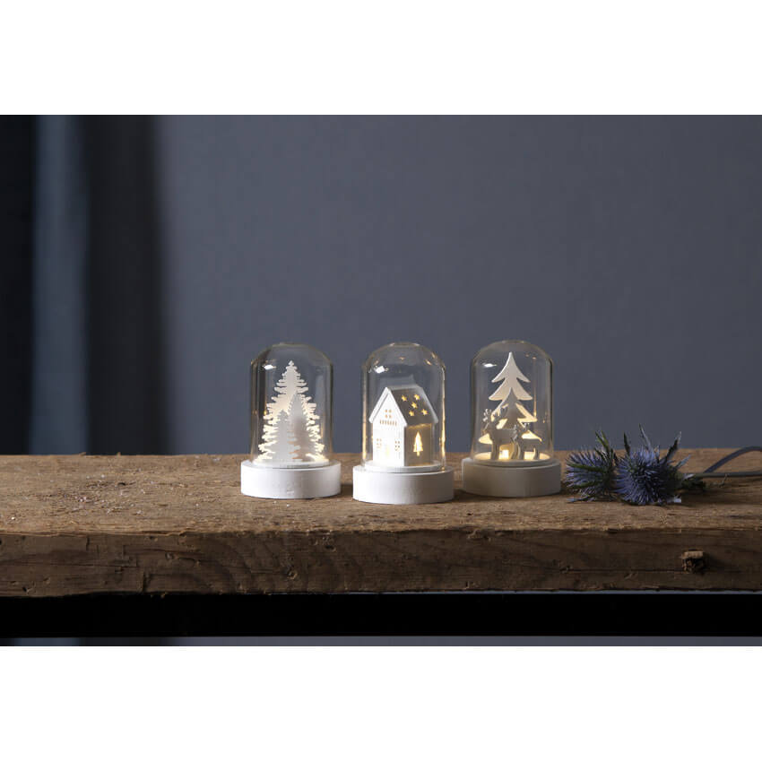 Glaskuppel | KUPOL | 3er-Set | Holz & Glas | warmweiße LED | H 85 × Ø 55 mm