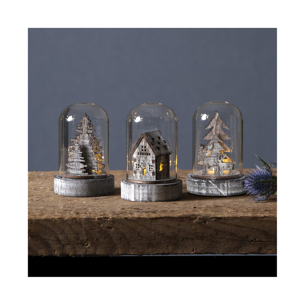 Glaskuppel | KUPOL | 3er-Set | Holz & Glas | warmweiße LED | H 85 × Ø 55 mm