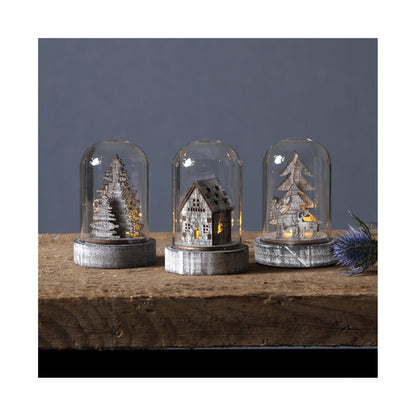 Glaskuppel | KUPOL | 3er-Set | Holz & Glas | warmweiße LED | H 85 × Ø 55 mm