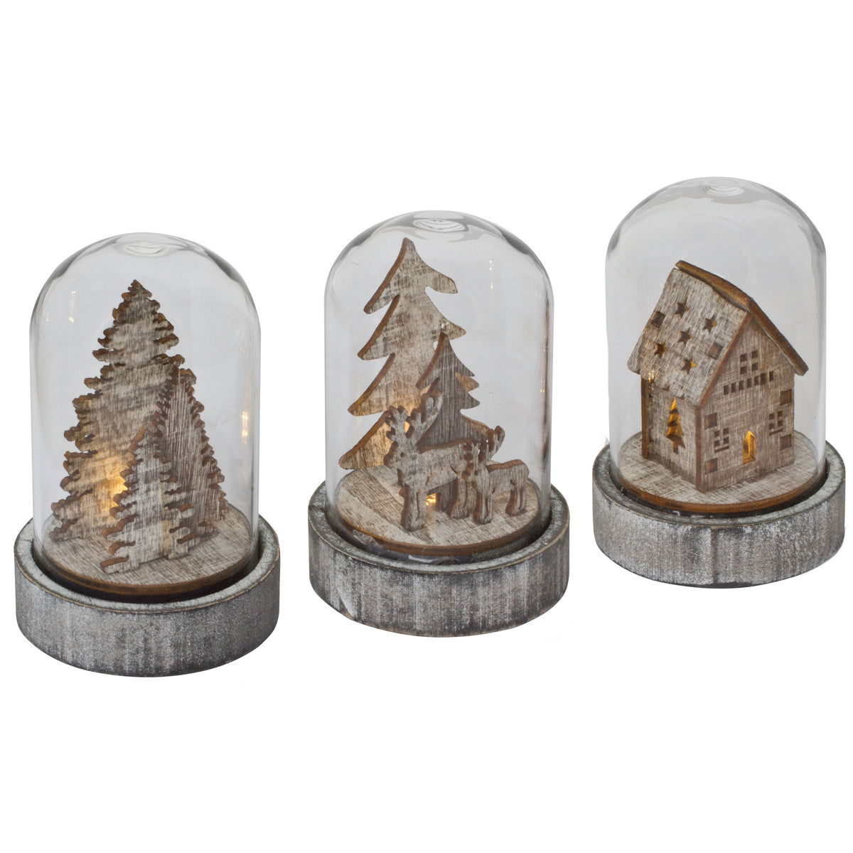 Glaskuppel | KUPOL | 3er-Set | Holz & Glas | warmweiße LED | H 85 × Ø 55 mm