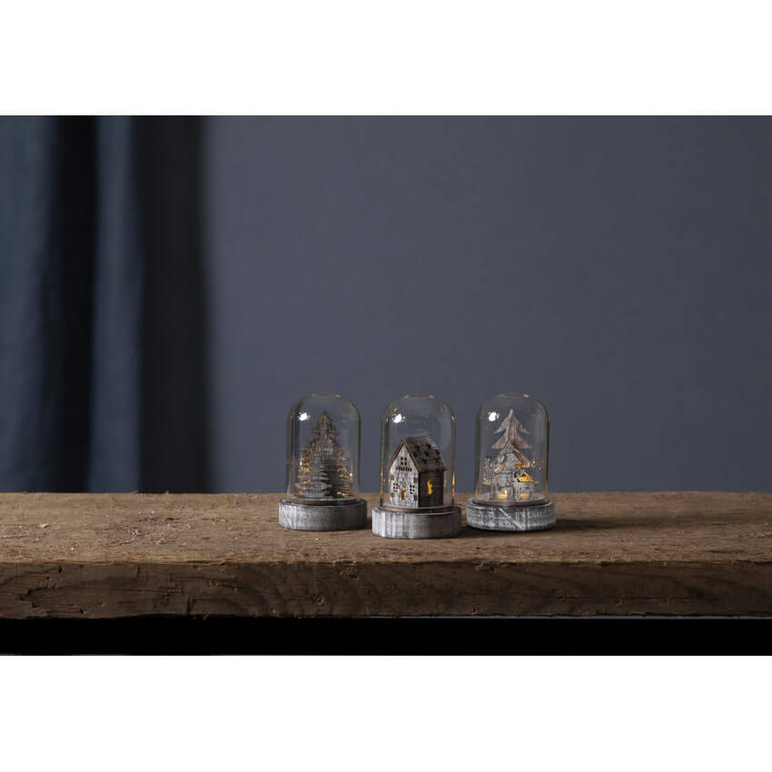 Glaskuppel | KUPOL | 3er-Set | Holz & Glas | warmweiße LED | H 85 × Ø 55 mm