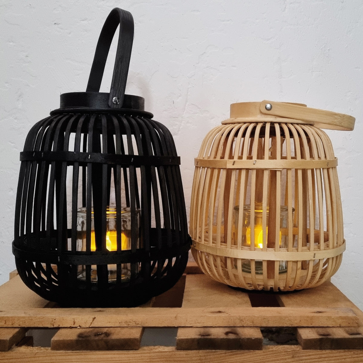 Laterne | Holzgeflecht | Glaszylinder | natur/schwarz | H 240 × Ø 190 mm