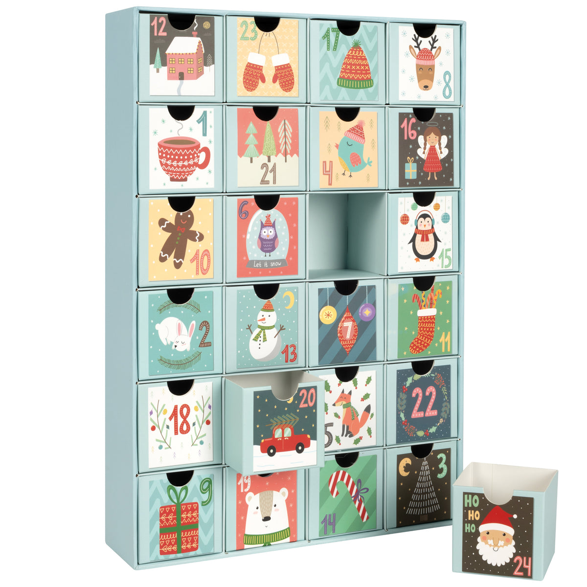 Advent calendar | Wood | 24 drawers | colorful Christmas motifs | H 383 mm