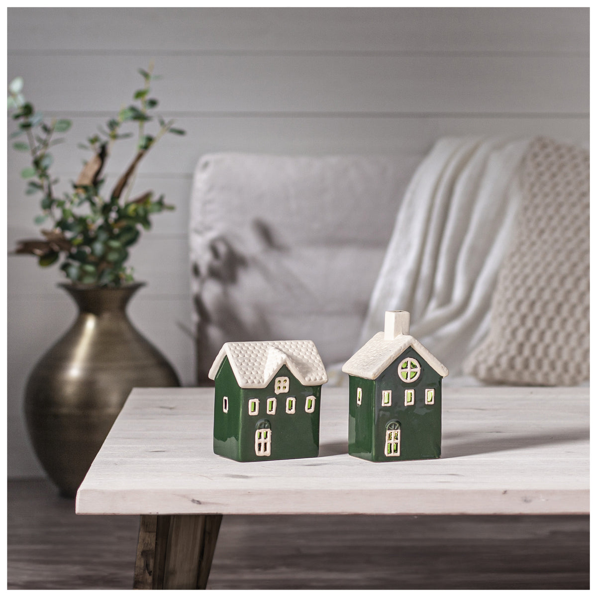 LED-Häuschen | HUSBY | 2er-Set | Keramik weiß/grün | warmweiße LED