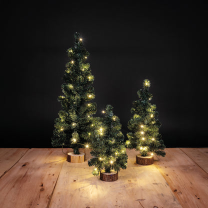 Weihnachtsbaum | Kunststoff grün | Holzfuß | warmweiße LEDs | 3 Größen