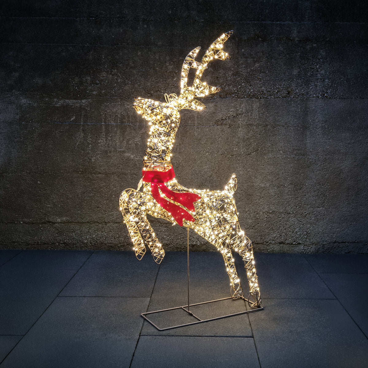 LED-Rentier mit roter Schleife | Goldfarben | Warmweiß blinkend