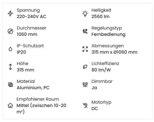 Deckenventilator Tori mit Licht | Lautloser DC-Ventilator mit einziehbaren Flügeln