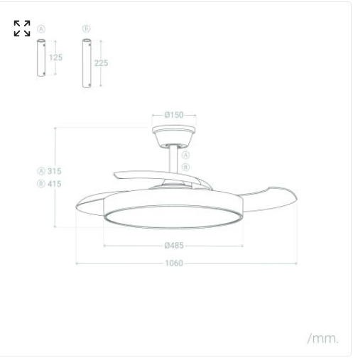 Deckenventilator Tori mit Licht | Lautloser DC-Ventilator mit einziehbaren Flügeln