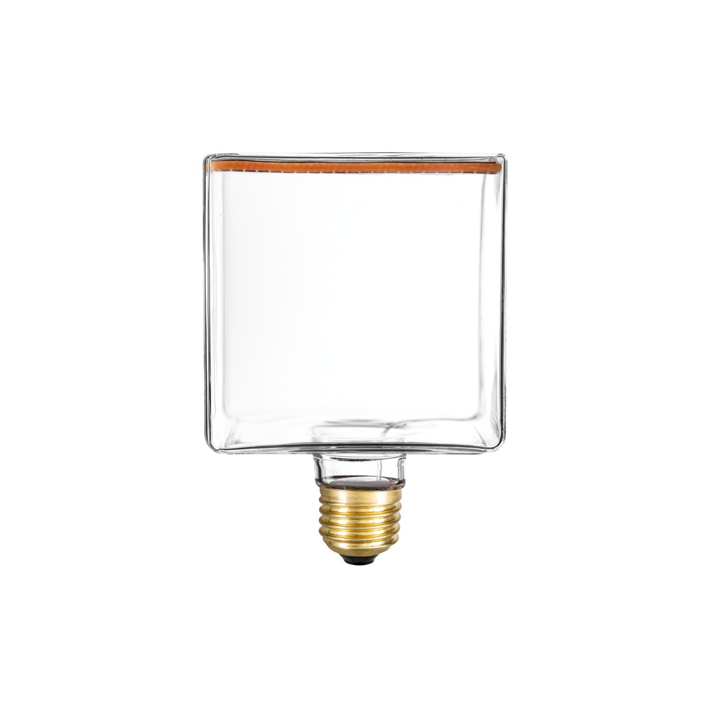 Raffinierte LED-Glühbirne mit warmer, kerzenähnlicher Lichtfarbe und markanter kubischer Form.