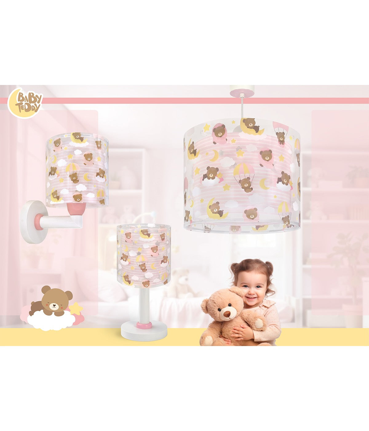 Kinder-Nachttischleuchte Baby Teddy – Rosa Teddybären