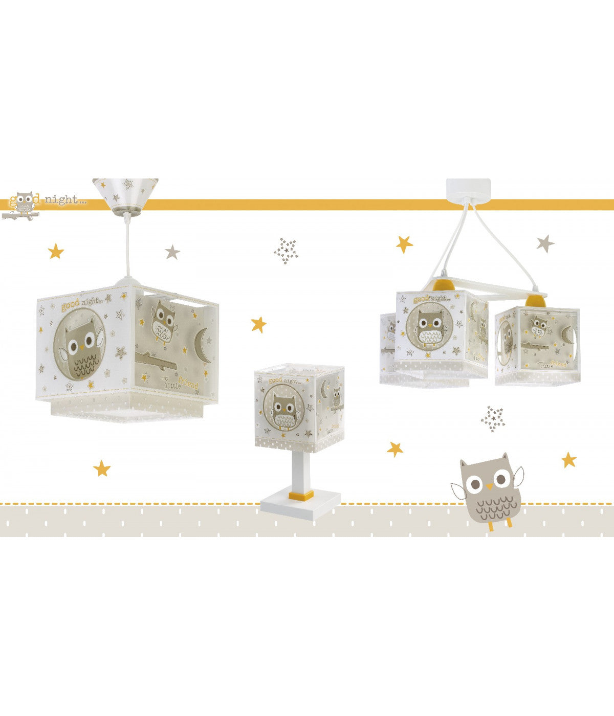 Kinder-Nachttischleuchte Good Night – Eule & Sterne Beige