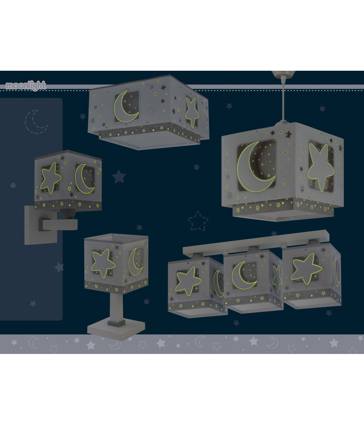 Kinder-Nachttischleuchte Moonlight – Luna & Sterne Grau