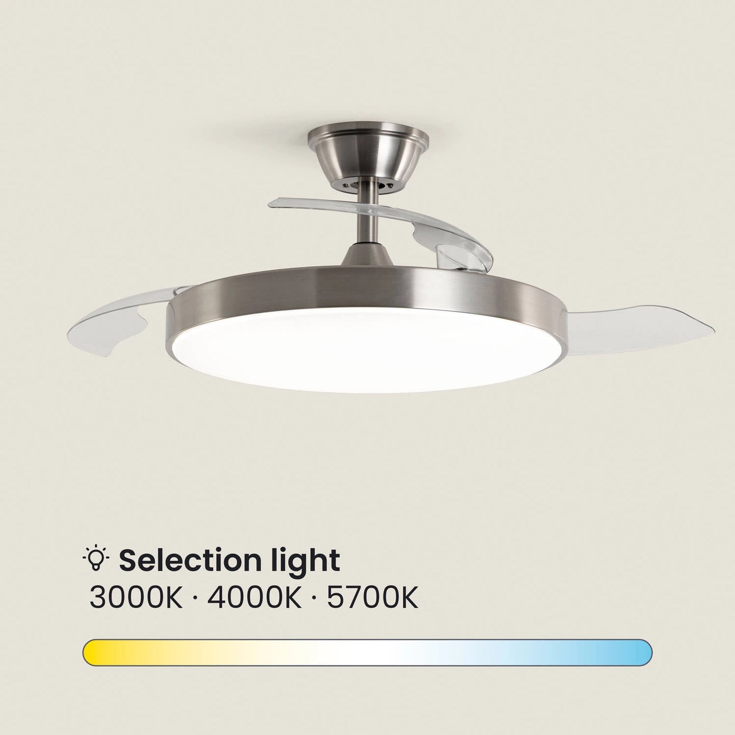 Deckenventilator Tori mit Licht | Lautloser DC-Ventilator mit einziehbaren Flügeln