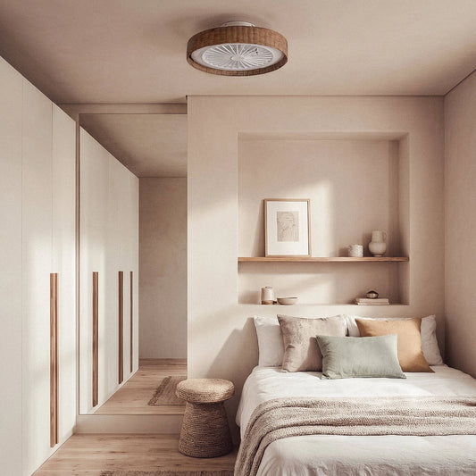 Deckenventilator Nala mit Licht | Lautloser DC-Ventilator in Rattanoptik