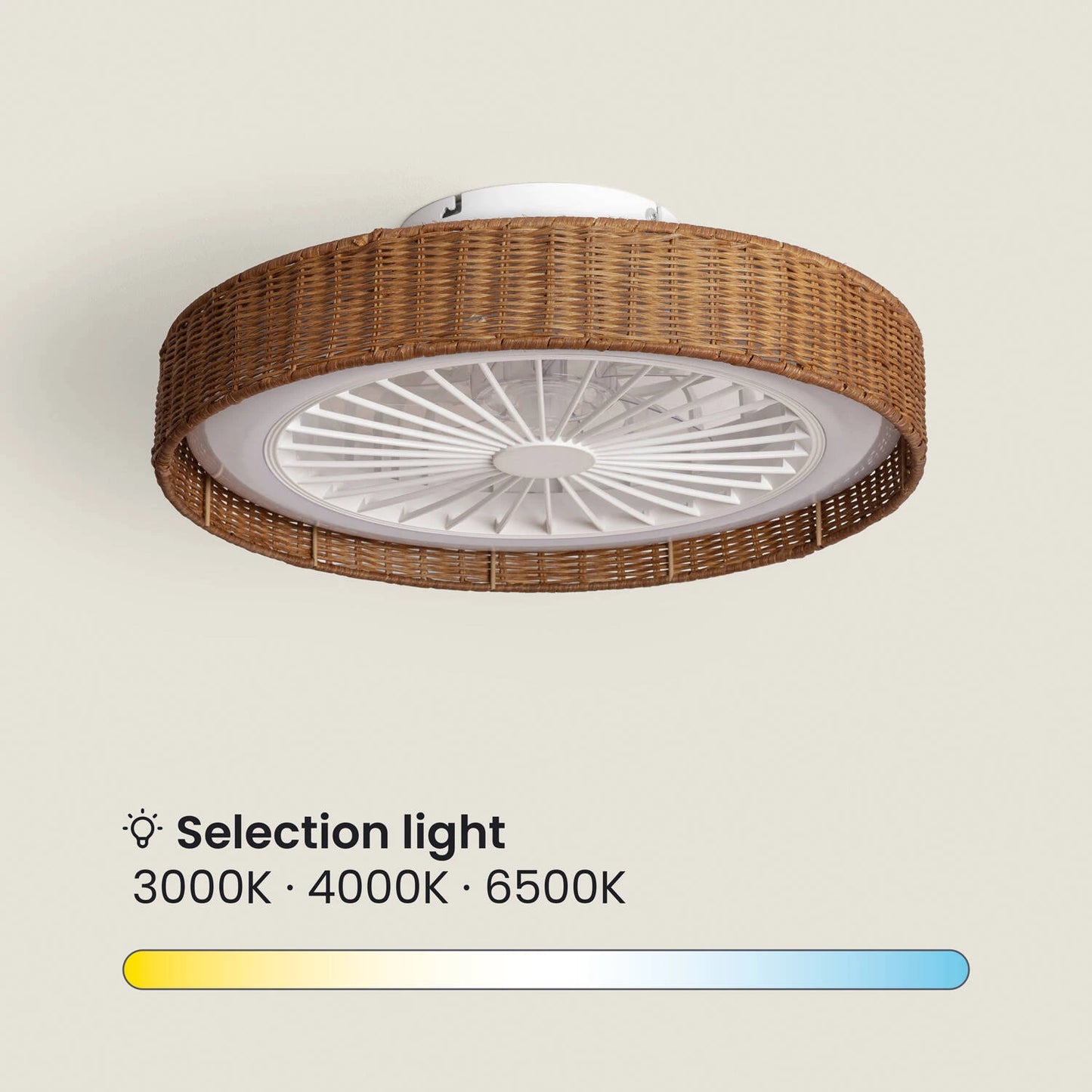 Deckenventilator Nala mit Licht | Lautloser DC-Ventilator in Rattanoptik